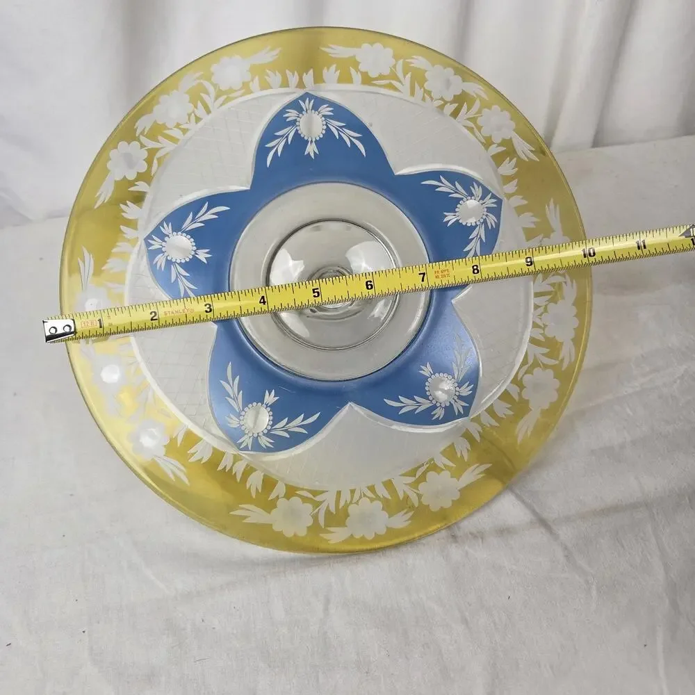 Vintage Westmoreland Crystal Blue Yellow Floral Cut Glass Sandwich Tray Dessert